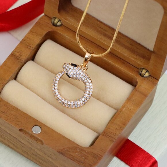 "Rose Gold Snake Circle Pendant with Sparkling CZ and Black Eyes, XPPT1529 - Picture 7 of 13